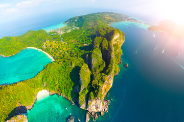 Andaman Sea view Krabi from above aerial top view drone travel. Magical paradise islands with rocks...