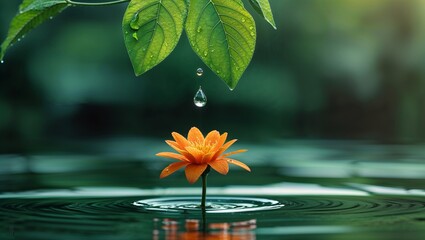 Droplets falling on orange flower in a tranquil pond creates ripples and freshness in nature.