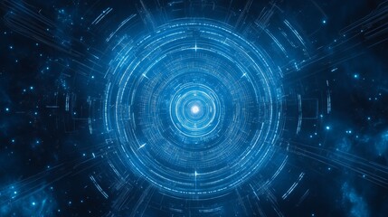 A blue design with lines and a circle. It could represent big data, cloud tech, or how data is shown.
