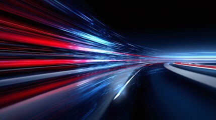 Abstract speed motion effect with streaks of light in red and blue hues. High-speed blur on a dark background conveys dynamic movement.