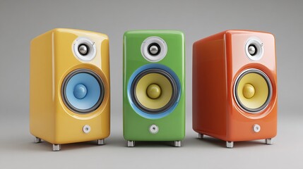 Vivid audio experience with trio of speakers. Yellow, green, and orange speakers stand in a row. Sound systems for music lovers and audiophiles. Modern design.
