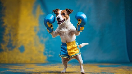 Jack Russell dog strikes a boxing pose, wearing blue gloves and boxing shorts against a bright backdrop