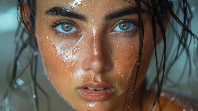 Close-up of a young woman's face covered in water droplets with intense gaze and brown hair