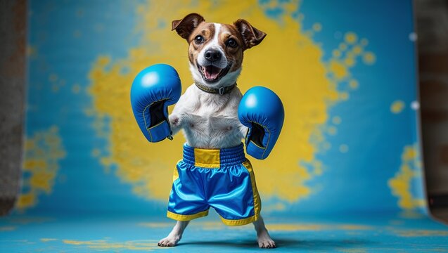 Cute terrier dog wearing boxing gloves and blue shorts strikes a pose for a fun portrait on a colorful background.