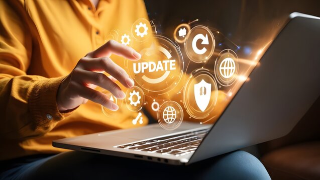 Software update or operating system upgrade concept. Improved functionality in the new version and improved security. Person using laptop with Software update and upgrade technology.