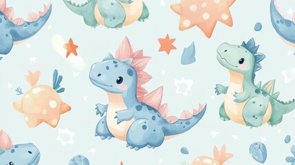 Fototapeta premium A fun design for kids with cute dinosaurs. Great for baby showers or as a pattern on bedding, clothes, wallpaper, and more! 
