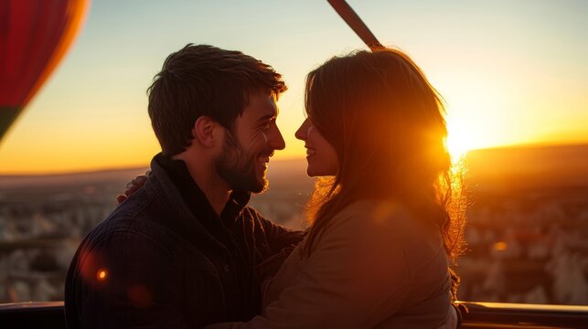 A joyful young couple enjoys watching hot air balloons at sunrise in Cappadocia, Turkey.