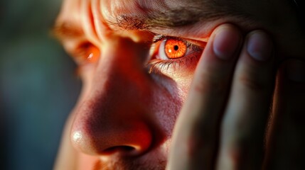 A man has sore eyes and rubs them because they're tired. This could be a sign of pinkeye or other eye problems.
