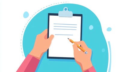 A modern image shows hands holding a clipboard with a blank paper and pencil. It looks like someone is ready to write something down.
