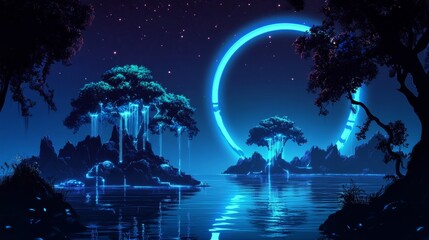 A night scene of the future with a strange land and island under the moon's glow. Blue neon lights reflect in the dark water against a dark circle.
