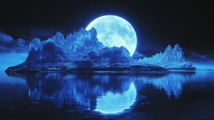 A night scene of the future with a strange land and island under the moon's glow. Blue neon lights reflect in the dark water against a dark circle.
