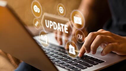 Software update or operating system upgrade concept. Improved functionality in the new version and improved security. Person using laptop with Software update and upgrade technology.