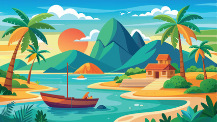 Tropical Island Cartoon Landscape with Palm Trees, Mountains, Sun, House, and Boat Scene