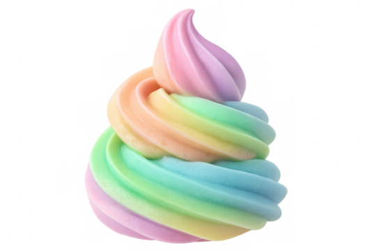 Vibrant rainbow whipped cream swirling artfully, soft peaks blending pastel colors against clean transparent backdrop, showcasing culinary creativity