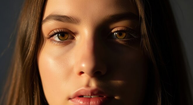 Close-up portrait of a young caucasian female with golden brown eyes