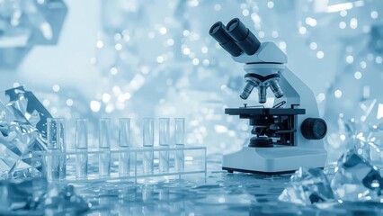 Microscope and test tubes in a laboratory setting, surrounded by crystalline structures, blue tone background