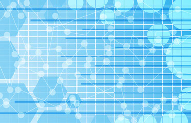テクノロジーがテーマで青色、水色系をベースにグラデーションもある線、円や四角形、六角形を配置してデザインしたベクター・イラストの背景、壁紙
