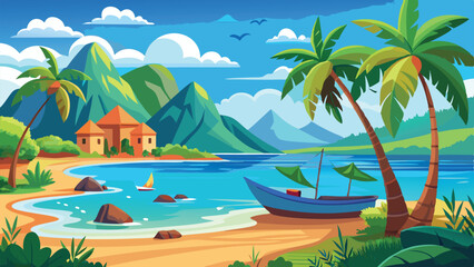 Obraz premium Colorful Tropical Beach Scene with Palm Trees, Boat, Buildings, and Distant Mountains