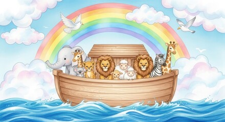 Noahs ark floats on the water under a rainbow