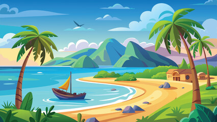 Tropical Island Scene Sailboat, Palm Trees, Sandy Beach, and Distant Mountains Artwork