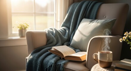 Cozy reading nook with warm blanket, open book, and steaming tea in sunlit room