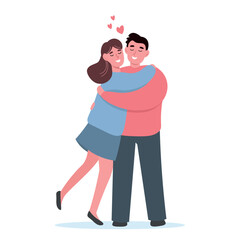Happy couple in love together, hugging. Joyful guy and girl in romantic relationship. Vector flat graphics.