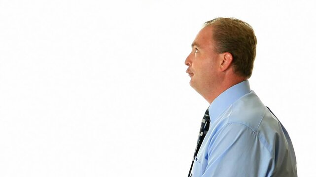 Businessman mocking faces copy space 