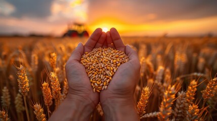 Hands hold grain against sunset field, tractor blurs