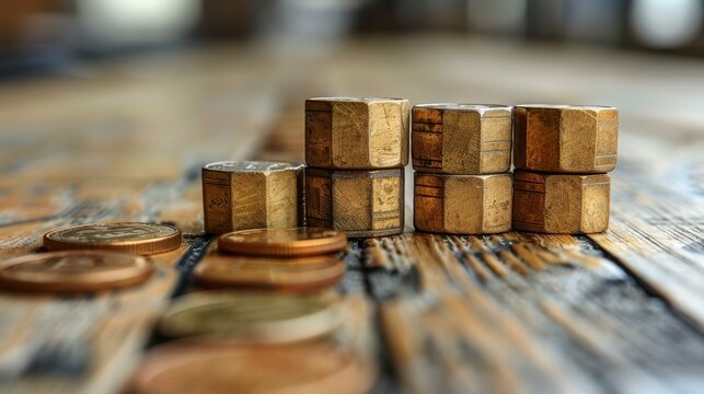 Stacked brass hexagonal weights and coins on aged wooden surface, shallow depth of field