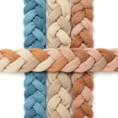 Intertwined braided fabric strands in shades of blue beige brown and pink creating a textured cross shape on a white background
