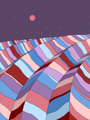 Obraz premium Wavy colorful landscape. Geometric striped mountains. 1960s retro poster