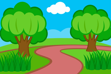 Obraz premium Vector Illustration Of Lakeside Meadow With Walking Path