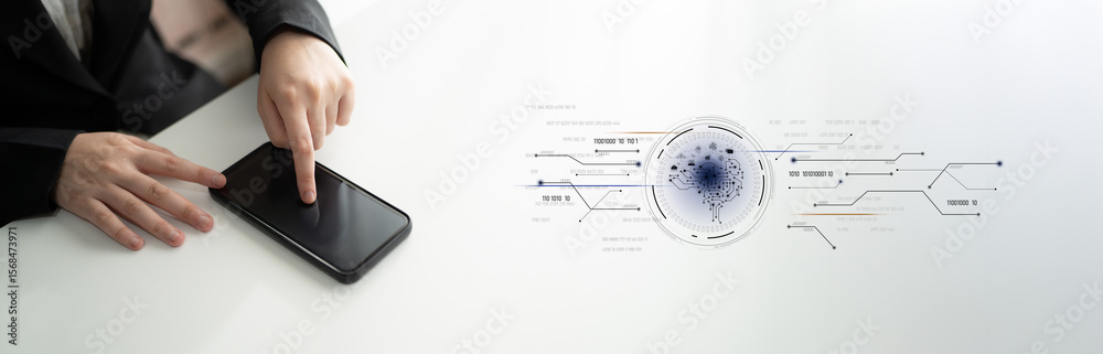 Poster ai artificial intelligence with digital brain and connected data circuit. ai core processes data, ai