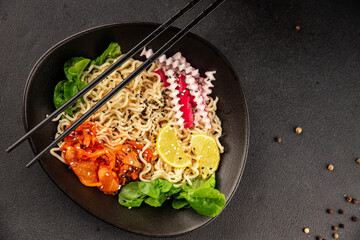 Noodle Bowl vegan fresh delicious gourmet food background on the table rustic food top view copy space keto and paleo diet vegan and vegetarian food