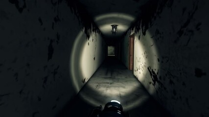 Moving through dark creepy corridor. First person view, going with flashlight in dirty grungy tunnel in abandoned building, horror escape concept