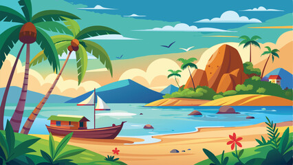 Tropical Beach Scene with Boat, Palms, Mountains, and a Small House Cartoon Illustration