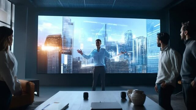 Modern Office Presentation with Augmented Reality Cityscape Display and Team Collaboration - Powered by Adobe