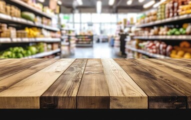 A supermarket interior with a shopping cart in an aisle, surrounded by shelves stocked with food and various retail goods