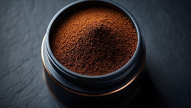 Aquarium fish food pellets in container close up macro shot for pet care and nutrition