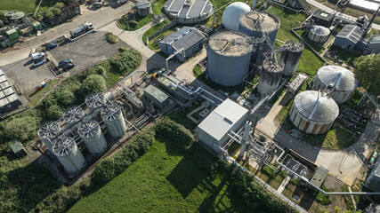 Overhead shot of a wastewater treatment facility, showcasing its complex infrastructure and processes, West Sussex, UK.