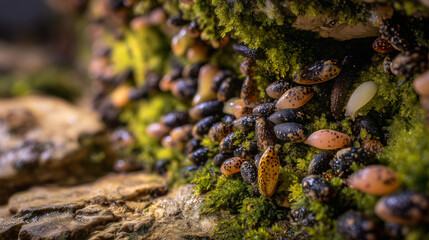 Close-up of numerous slugs on a mossy, barnacle-covered rocky surface near a tree in a damp forest setting. Wet textures, forest floor life, natural detail.