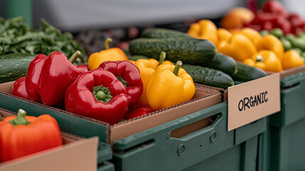 Fresh organic vegetables neatly arranged in wooden crates at a farmers market display. Colorful produce, healthy food, local agriculture, and sustainable living theme. 