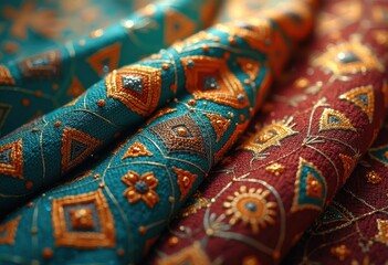 Fototapeta premium intricate close textiles woven patterns fabric detail texture design colors craftsmanship artistic textile art, cotton, thread, loom, swatch, ornament
