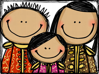 Festive family gathering with smiling children in colorful traditional outfits during a celebration