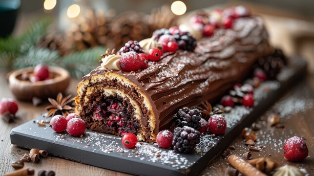 Festive yule log cake with berries and cocoa, wooden board background