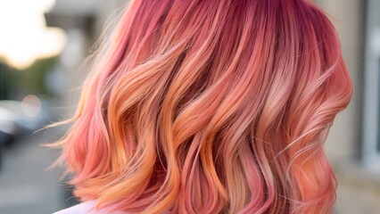 Naklejka premium Sunset Pink Orange Balayage Hair Back Close-Up