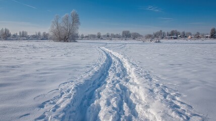 Obraz premium Snowy path leading to trees under blue sky