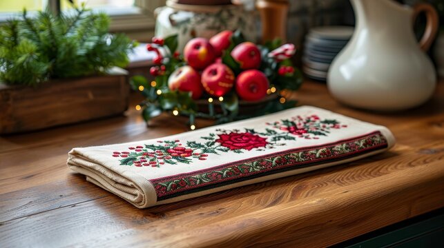 Embroidered towel on a wooden counter with apples and greenery nearby