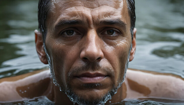 A dramatic portrait where the left half of a man’s face dissolves into flowing water — detailed and dynamic — as if thoughts are spilling into reality.