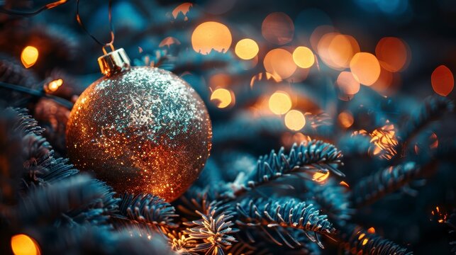 Shimmering gold bauble nested in blue-toned pine, bokeh lights glow behind
